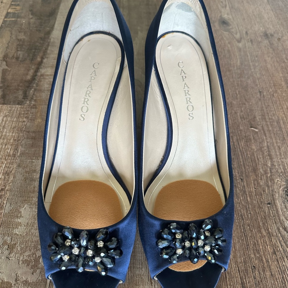 Blue satin heels with bling open toe
